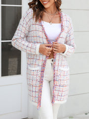 Plaid Pockets Tasseled Long Sleeves Loose Collarless Cardigan Tops
