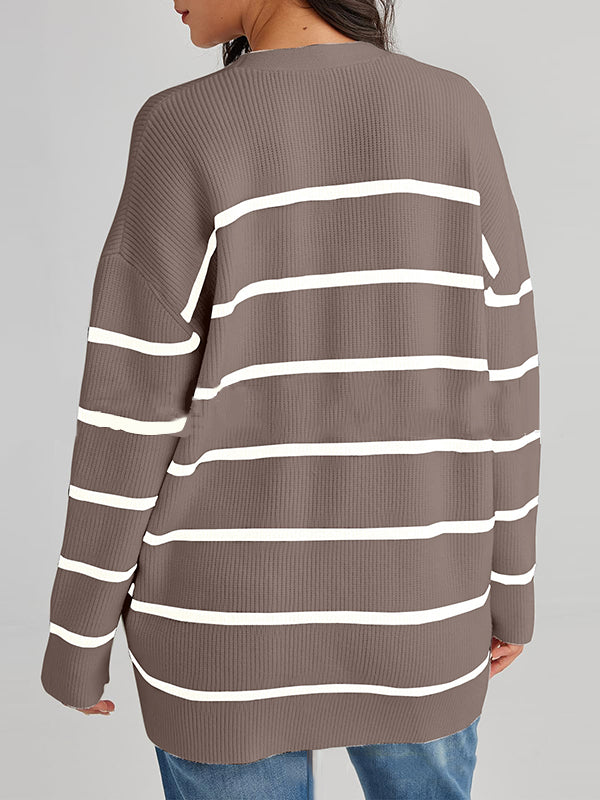 Split-Joint Striped Long Sleeves Loose V-Neck Cardigan Tops