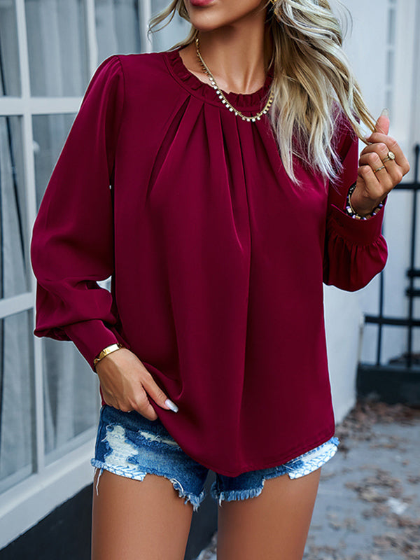 Pleated Solid Color Split-Joint Loose Puff Sleeves Round-Neck Blouses