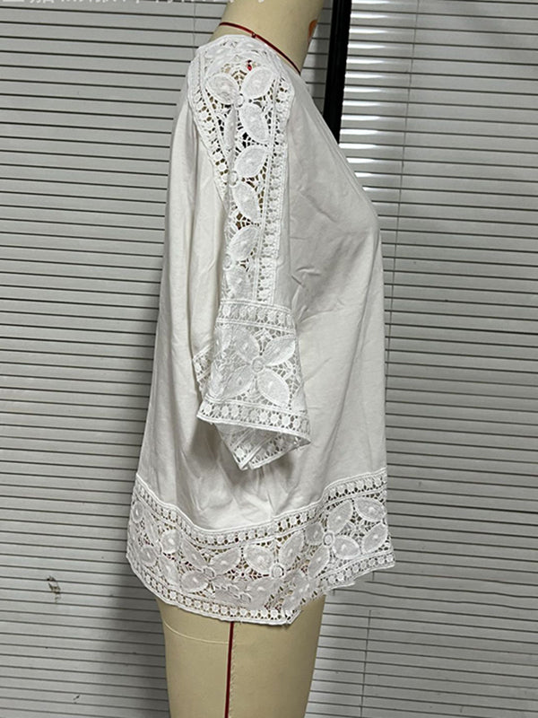 Hollow Solid Color Split-Joint Half Sleeves Loose Round-Neck T-Shirts