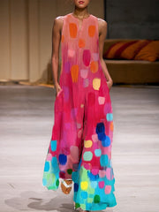 Printed Split-Joint Loose Sleeveless Round-Neck Jumpsuits