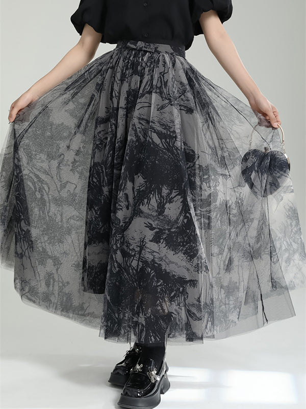 Gauze Pleated Printed Split-Joint A-Line Loose Skirts