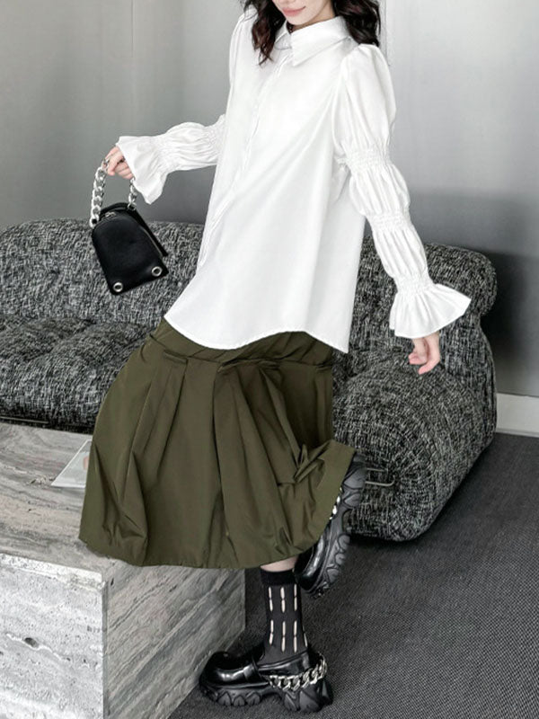 Pleated Solid Color Split-Joint Puff Sleeves Lapel Blouses