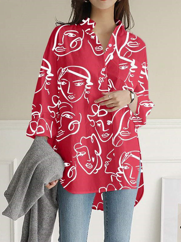 Buttoned Figure Pockets Split-Side High-Low Long Sleeves Lapel Blouses&Shirts Tops