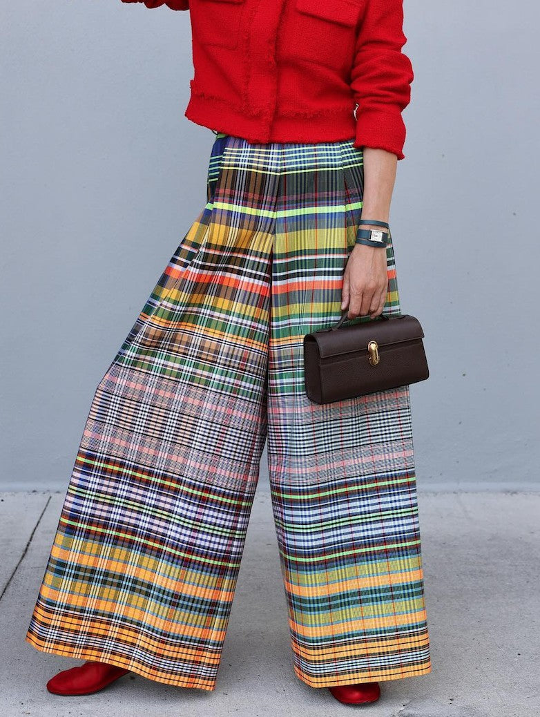 Contrast Color Rainbow Plaid Loose Wide Leg Trousers Casual Pants Bottoms