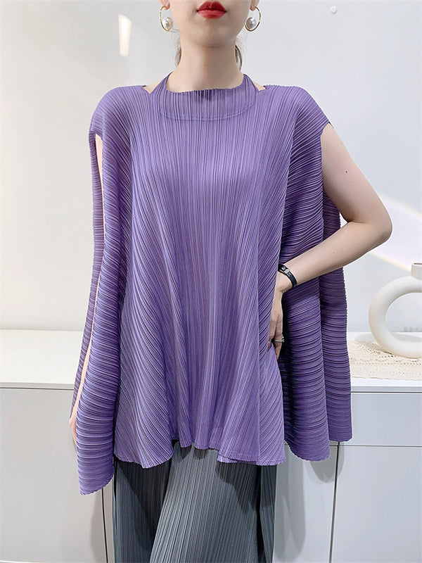 Pleated Solid Color Loose Sleeveless Halter-Neck T-Shirts Tops