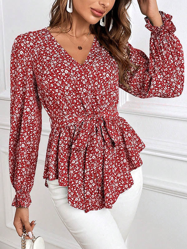 Flower Print Tied Waist Flared Sleeves Long Sleeves V-Neck Blouses&Shirts Tops