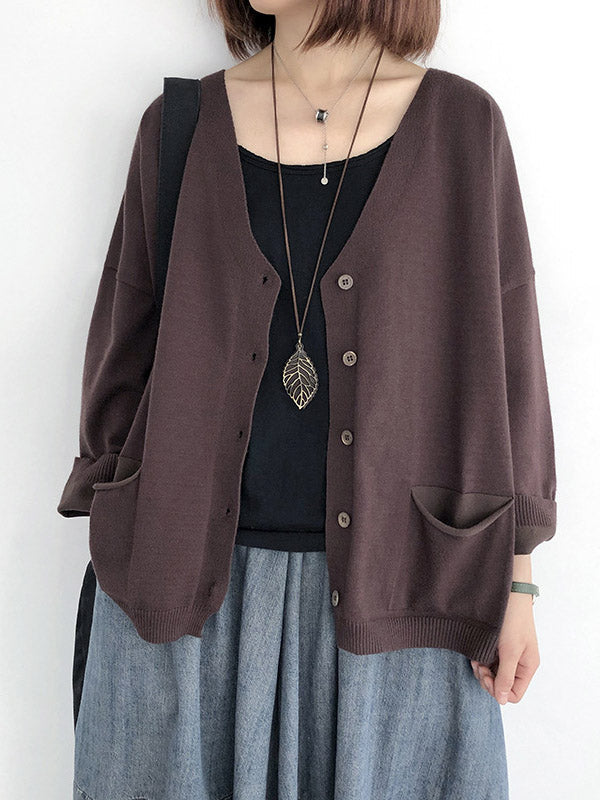 Artistic Retro Solid Color Buttoned V-Neck Long Sleeves Cardigan Top