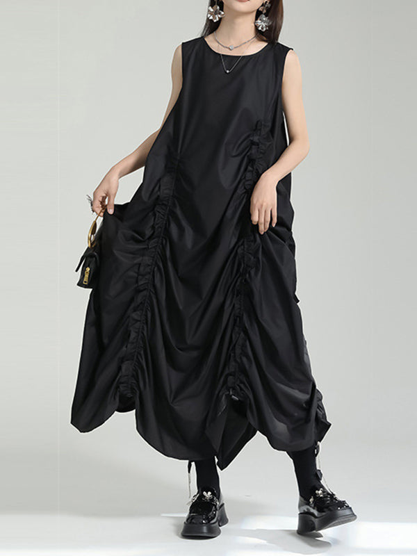 Solid Color Irregular clipping Loose Round-neck Midi Dresses