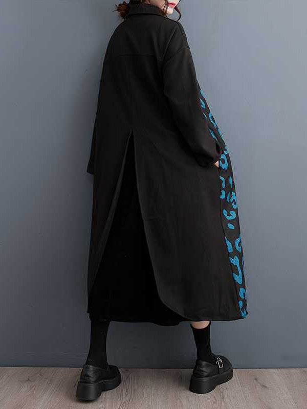 Buttoned Pleated Printed Split-Joint Long Sleeves Loose Lapel Midi Dresses