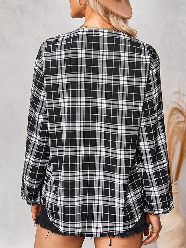 Buttoned Elasticity Plaid Pockets Long Sleeves Loose Round-Neck Blouses&Shirts Tops
