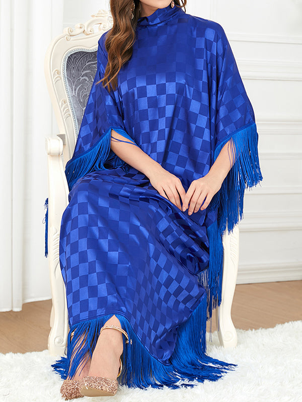 Plaid Ribbon Tasseled A-Line Batwing Sleeves Maxi Dresses