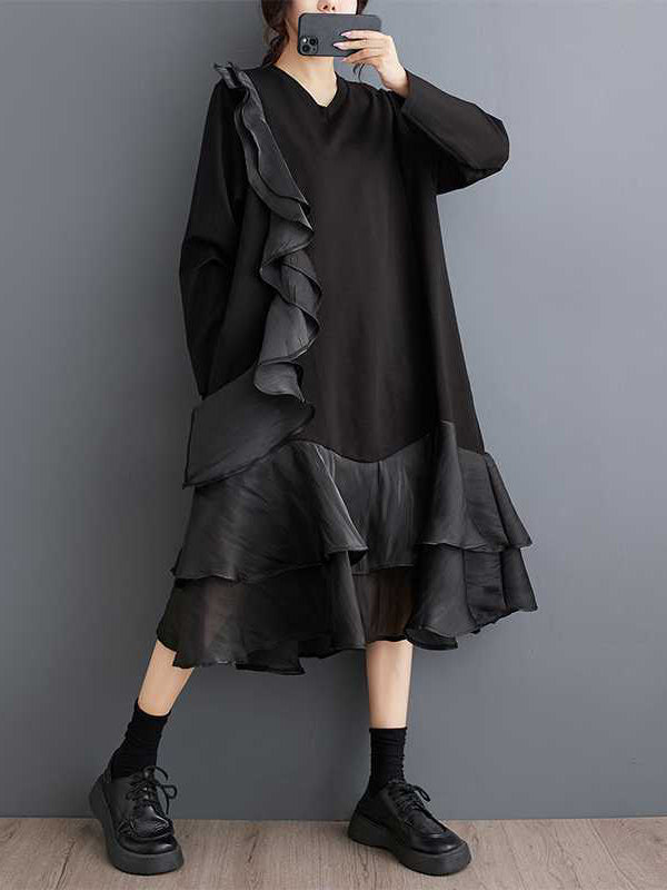 Contrast Color Pockets Ruffle Trim Split-Joint A-Line Long Sleeves V-Neck Midi Dresses
