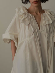 Pleated Solid Color Split-Joint Tiered Loose Puff Sleeves V-Neck Midi Dresses