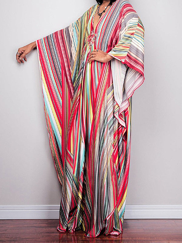 Printed Split-Joint Striped Batwing Sleeves Loose V-Neck Maxi Dresses