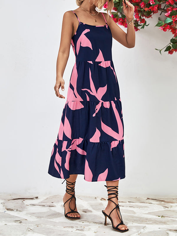 Contrast Color Floral Printed Loose Sleeveless Spaghetti-Neck Midi Dresses