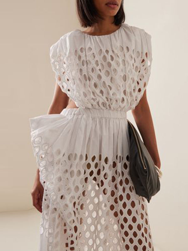 Asymmetric Elasticity Hollow Pleated See-Through Solid Color A-Line Loose Round-Neck Maxi Dresses