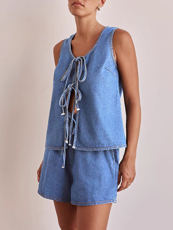 Lace-Up Split-Joint Loose Sleeveless Round-neck Vest Top