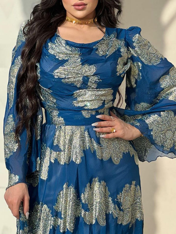 Floral Printed Split-side Flared Sleeves Maxi Dresses Evening Dresses