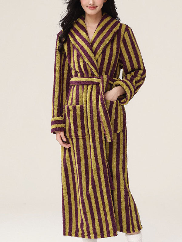 Split-Joint Striped Tied Waist Long Sleeves Loose Lapel Robes