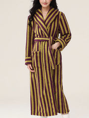 Split-Joint Striped Tied Waist Long Sleeves Loose Lapel Robes