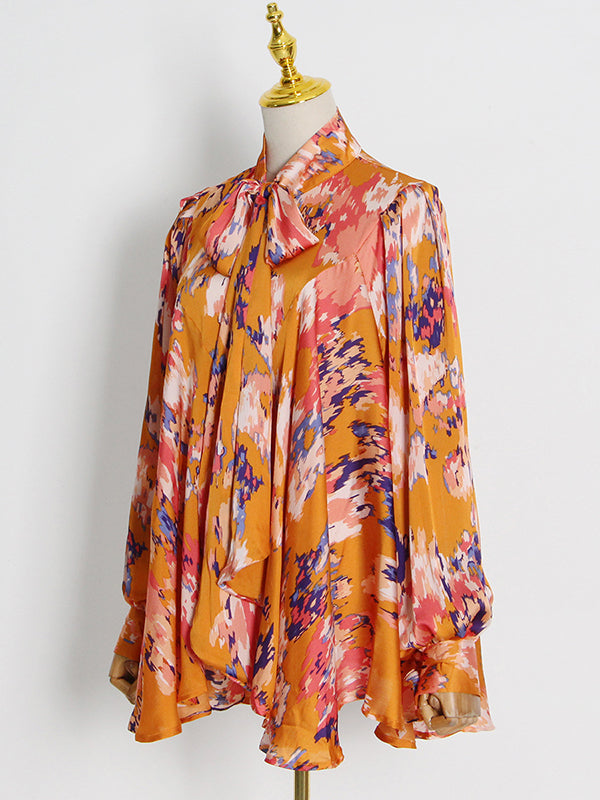 Loose Printed Puff Sleeves Pleated Stand Collar Blouses