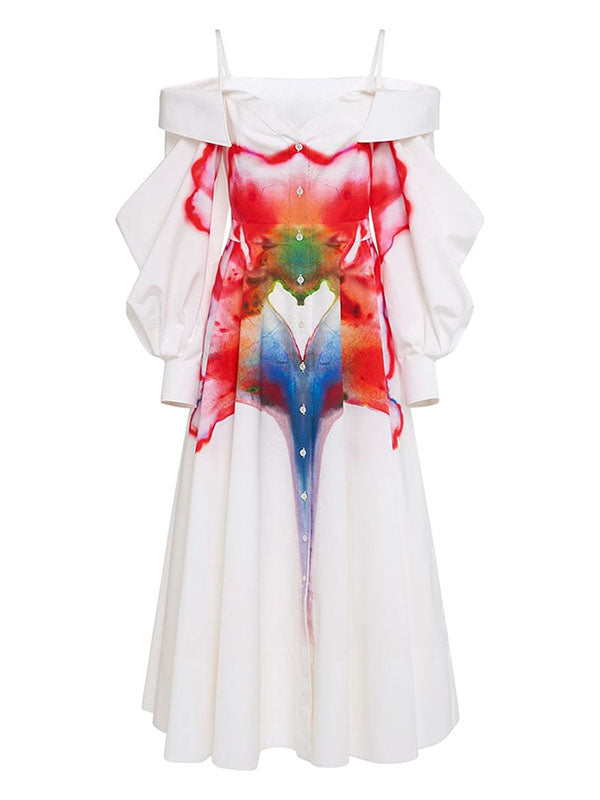 Buttoned Contrast Color Floral Printed Pleated Zipper Off-The-Shoulder Midi Dresses