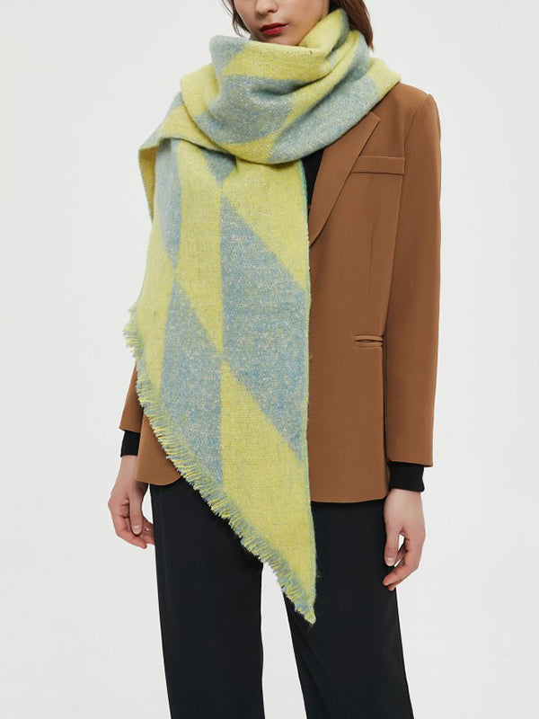 Diamond-Patterned Fringed Keep Warm Shawl&Scarf