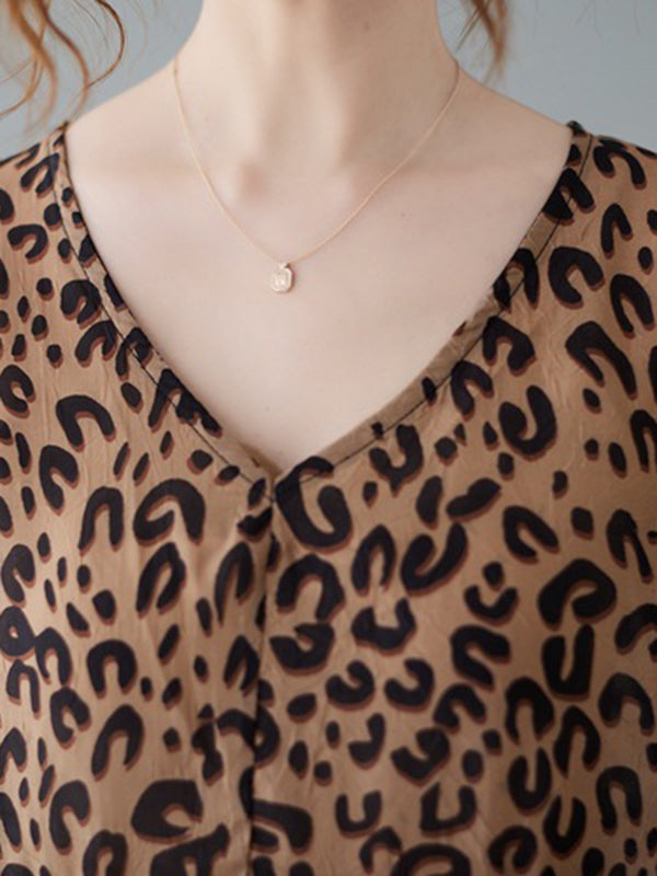 Leopard Half Sleeves Loose V-neck T-Shirts Tops Blouses&shirts Tops