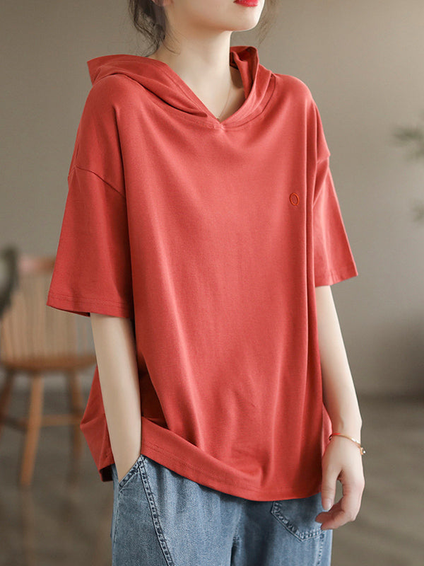 Hooded Solid Color Short Sleeves Hooded T-Shirts Tops
