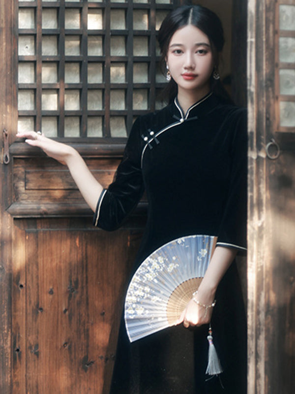 Vintage Beaded False Two Half Sleeves Long Cheongsams