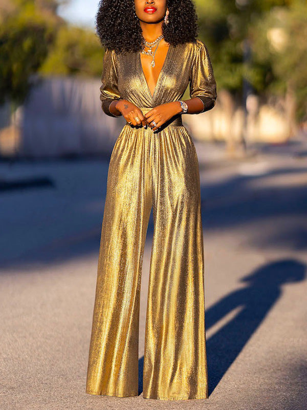 Shiny High Waisted Three-Quarter Sleeves Deep V-Neck Jumpsuits