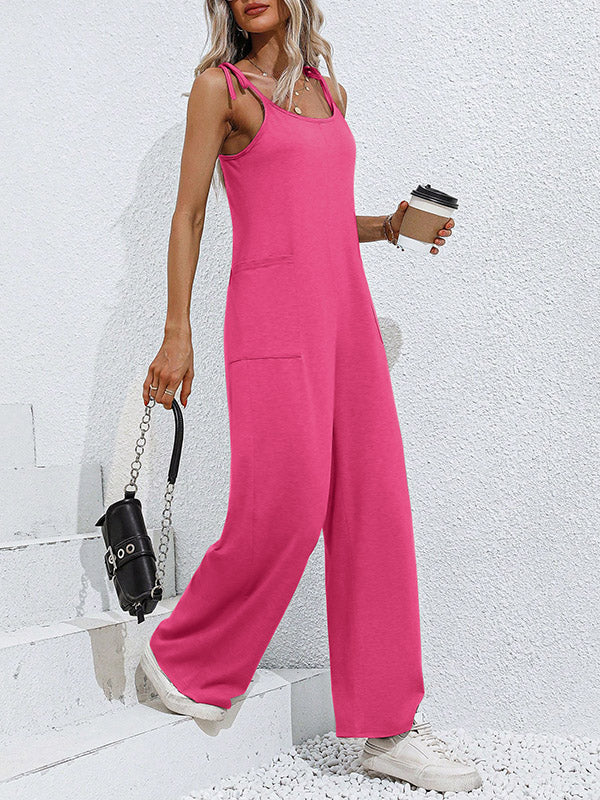 Pockets Solid Color Tied High Waisted Sleeveless Spaghetti-Neck Jumpsuits