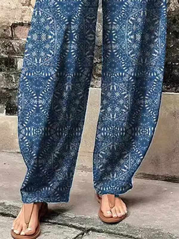 Elasticity Printed Split-Joint High Waisted Loose Trousers Pants