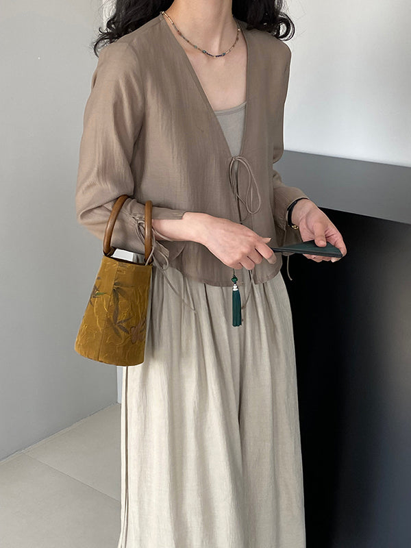 Long Sleeves Lace-Up See-Through Solid Color Blouses&Shirts Tops