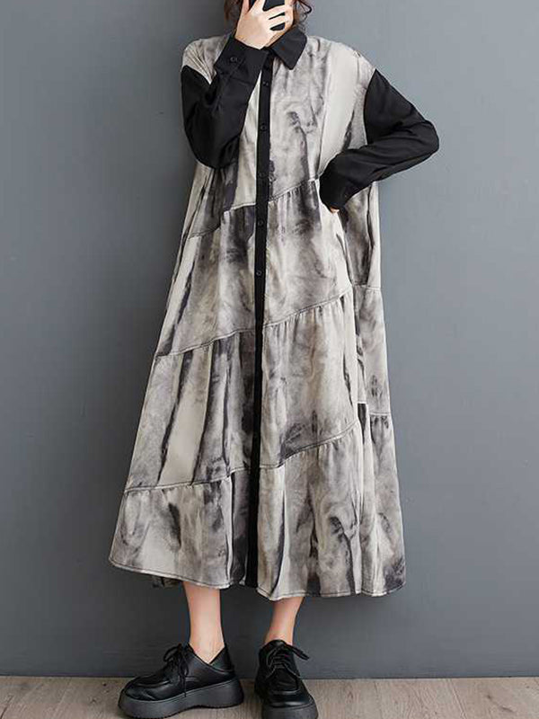 Buttoned Printed Split-Joint Wash Painting A-line Long Sleeves Lapel Shirt Dress Midi Dresses