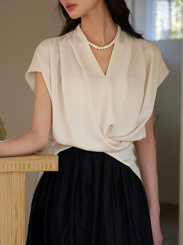 Knot Pleated Solid Color Split-Joint Loose Raglan Sleeve V-neck Blouses&shirts Tops
