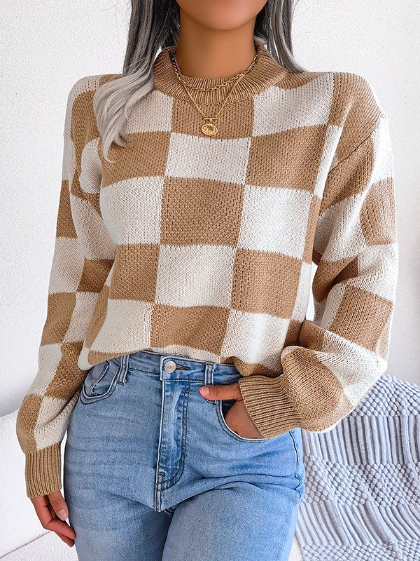 Contrast Color Plaid Long Sleeves Loose Round-Neck Sweater Tops