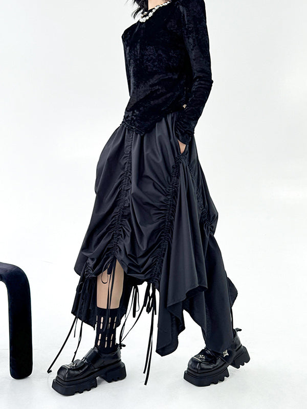 Asymmetric Drawstring Pleated Solid Color A-Line Elasticated Waist Skirts Bottoms