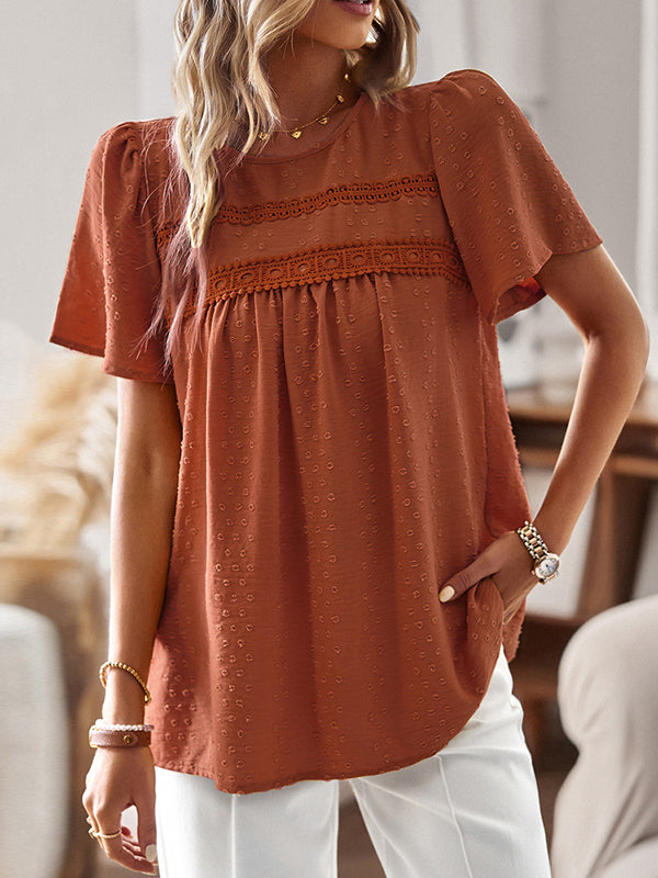 Hollow Jacquard Pleated Solid Color Split-Joint Loose Short Sleeves Round-Neck T-Shirts Tops