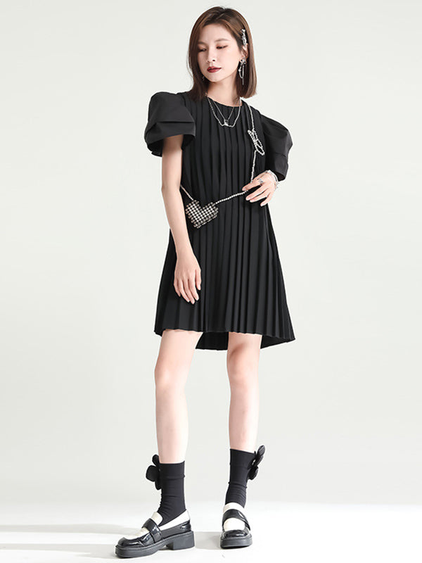 Urban Puff Sleeves Split-Joint Black Pleated Mini Dress