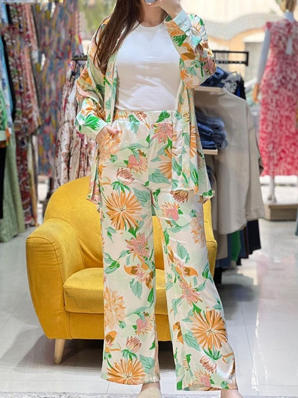 Lapel Long Sleeves Buttoned Flower Print Shirts Top +High Waisted Pants Bottom Two Pieces Set
