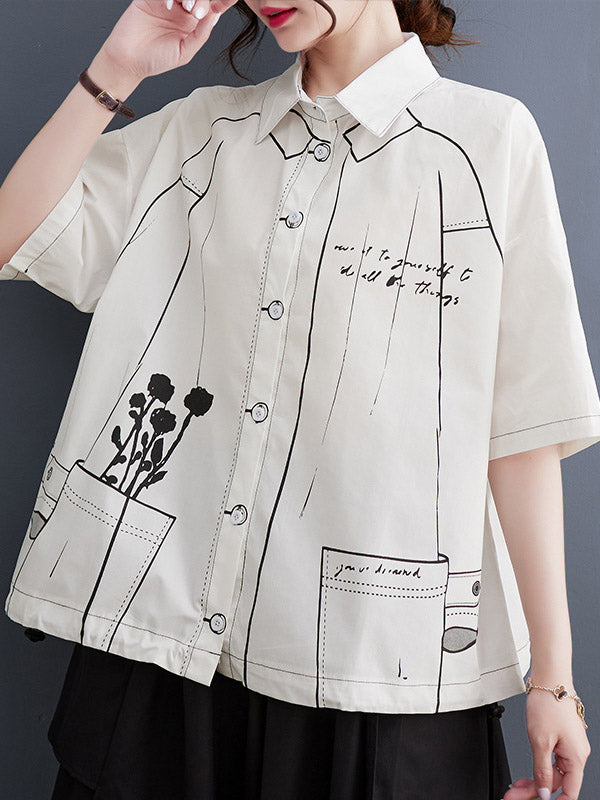 Buttoned Printed Loose Short Sleeves Lapel Blouses&Shirts Tops