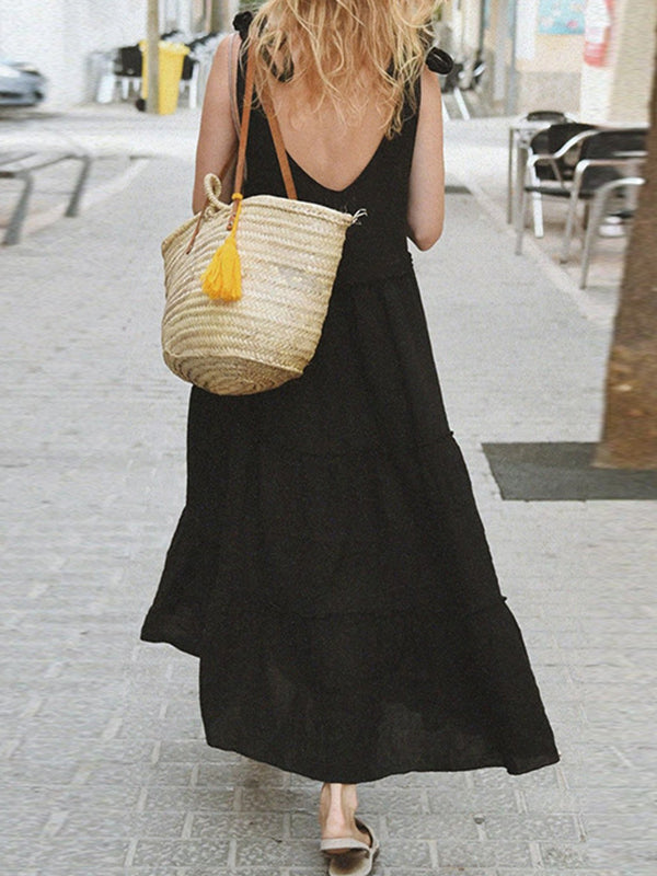 Solid Color Loose Sleeveless V-Neck Midi Dresses
