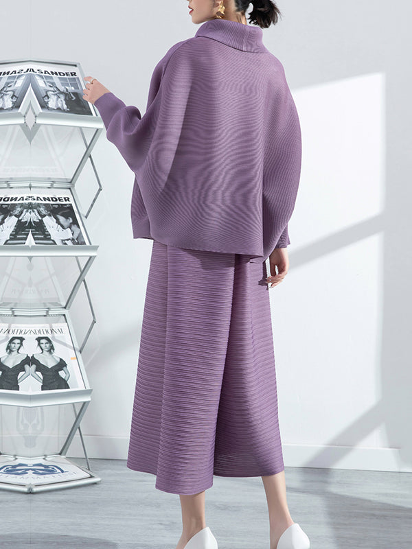 Simple Loose Long Sleeves Pleated Solid Color High-Neck T-Shirt Top&Wide Legs Pants Two Pieces Set