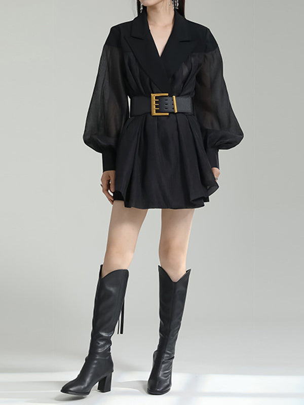 Belted See-Through Puff Sleeves Loose Lapel Blouses&shirts Tops