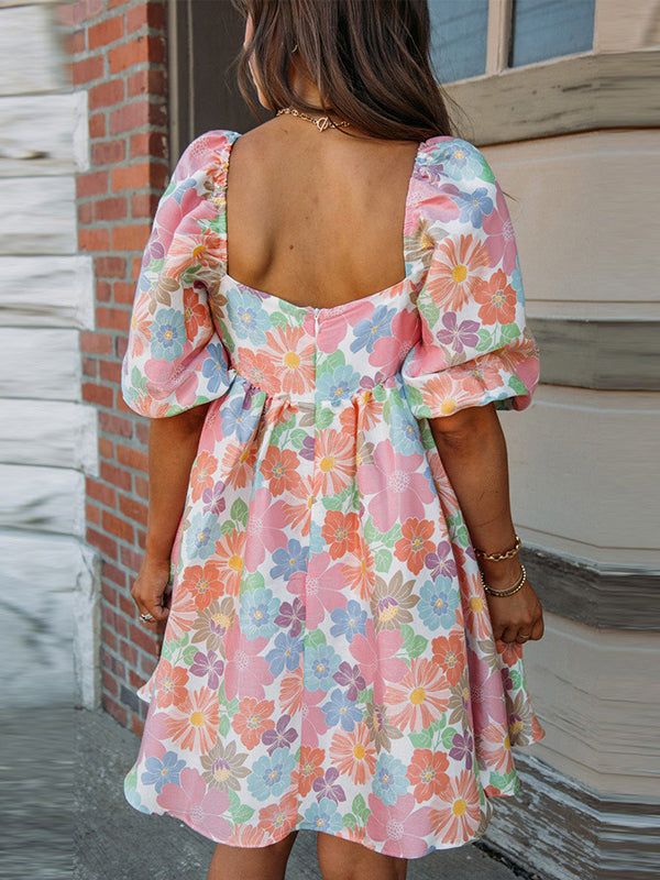 Elasticity Flower Print Pleated Split-Joint Zipper A-Line High Waisted Square-Neck Mini Dresses
