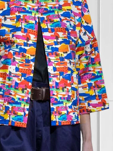 Loose Three-Quarter Sleeves Contrast Color Printed Lapel Collar Outerwear