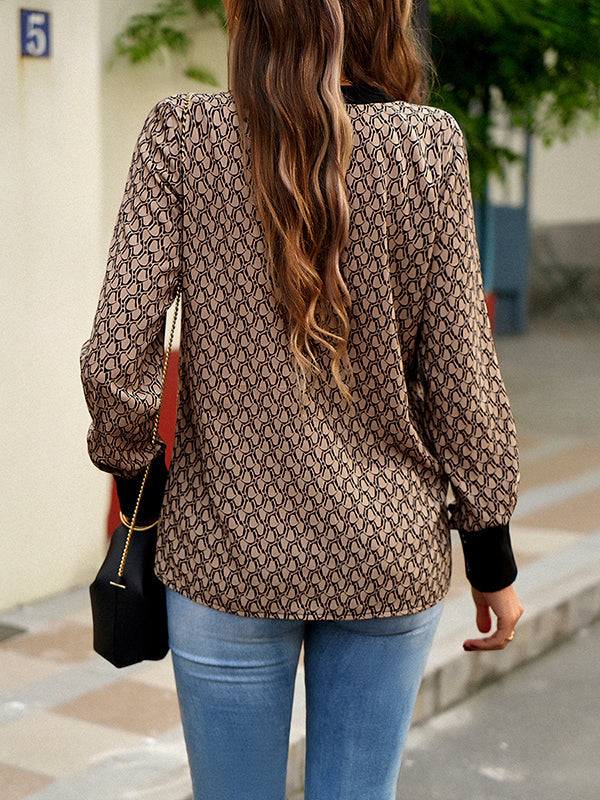 Printed Split-Joint Long Sleeves Loose V-Neck Blouses&Shirts Tops