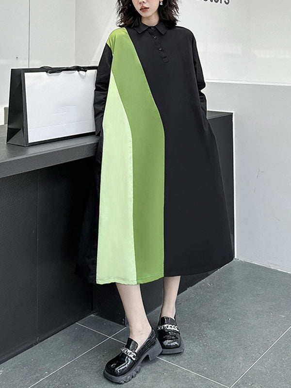 Asymmetric Buttoned Contrast Color Split-Joint Long Sleeves Loose Lapel Shirt Dress Midi Dresses